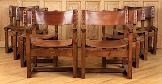 SET 8 FRENCH OAK LEATHER DINING CHAIRS CANTED
