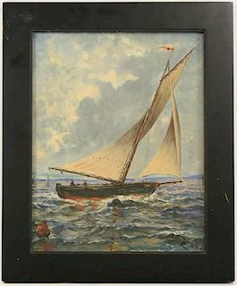 British 19th C. Signed Oil on Board, "Sailing"