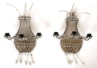 PETITE PAIR FRENCH BEADED GLASS WALL SCONCES 1940