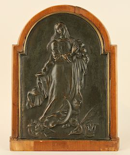 BRONZE PLAQUE DEPICTING MARY AND CHILD WOOD FRAME