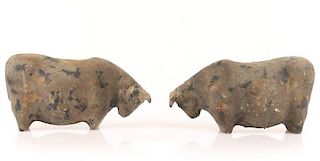 Pair of Cast Iron Horned Bull Sculptures