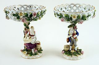 PAIR OF MARKED DRESDEN PORCELAIN FIGURAL COMPOTES