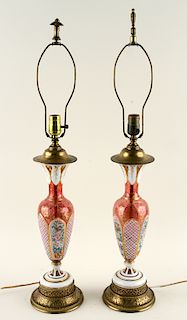PAIR LATE 19TH C ENAMELED GLASS TABLE LAMPS BRASS