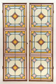 PAIR LEADED STAINED GLASS WINDOWS IRON FRAMES