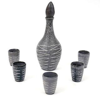 Gray Ceramic Lorenzen Decanter & 5 Glasses