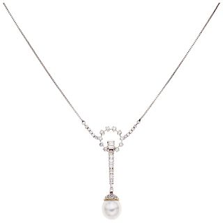 A cultured pearl and diamond palladium silver choker.