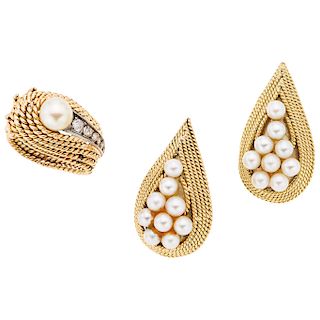 A cultured pearl and diamond 18K, 14K and palladium silver ring and pair of earrings.