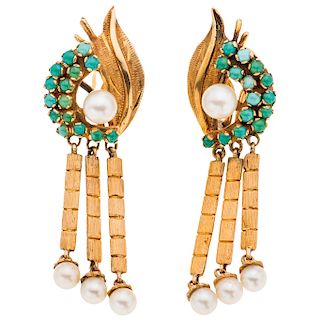 A cultured pearl and turquoise 14K yellow gold pair of earrings.