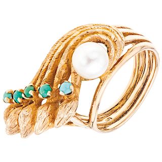 A cultured pearl and turquoise 14K yellow gold ring.