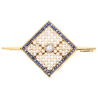 A cultured pearl, diamond and sapphire 18K yellow gold brooch.