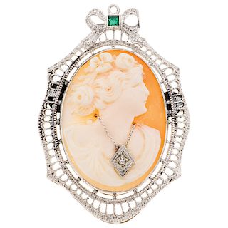 A cameo, emerald and diamond 14K white gold brooch.