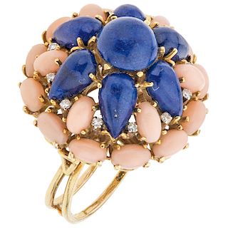A lazurite, coral and diamond 14K yellow gold ring.