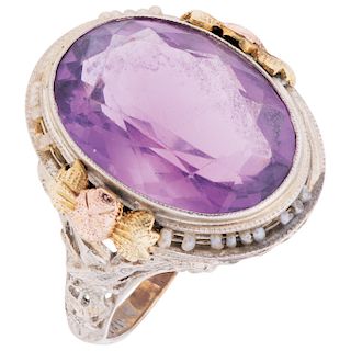 An amethyst and cultured pearl 14K white, yellow and rose gold ring.