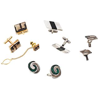 Three onyx and beryl crystal .970, sterling silver and base metal pairs of cufflinks, and a quartz base metal lapel pin and pair of cufflinks set.
