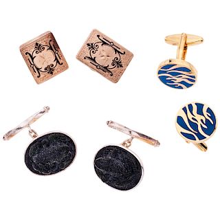 Three quartz and enamel gold plate and base metal pairs of cufflinks.
