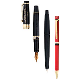 FERRARI, NAMIKI and AURORA resin and metal base ballpoint and two fountain pens.