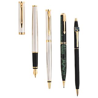 PARKER and CROSS cellulose and base metal mechanical pencil and ballpoint pen, and WATERMAN base metal fountain and ballpoint pen set.