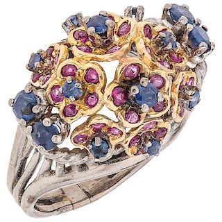 A sapphire and ruby 18K yellow gold and palladium silver ring.