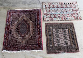 3 MISC. PERSIAN THROW RUGS, ONE PRINCESS BOKHARA SIGNED