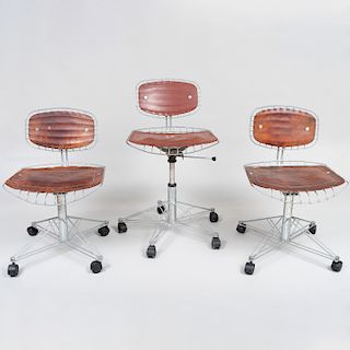 Three Leather and Galvanized Steel 'Beaubourg' Desk Chairs, Designed by Michael Cadestin and Georges Laurent