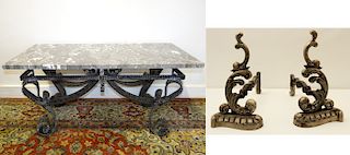 LOUIS XV STYLE WROUGHT IRON LOW TABLE AND PAIR OF IRON CHENETS
