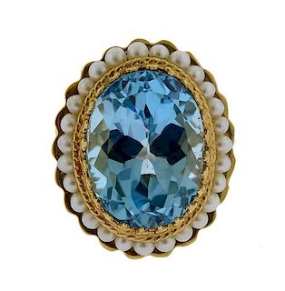 14k Gold Blue Topaz Pearl Ring 