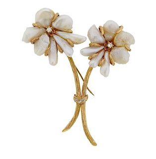 14k Gold Pearl Diamond Flower Brooch Pin 