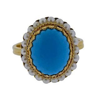 14k Gold Blue Stone Pearl Ring 