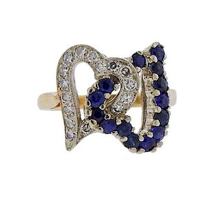10k Gold Diamond Blue Stone Interlocked Heart Ring 