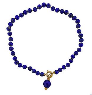 18k Gold Lapis Bead Charm Pendant Necklace 
