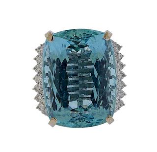 14k Gold 45ct Aquamarine Diamond Cocktail Ring 