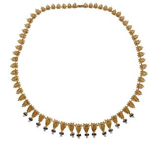 18k Gold Diamond Sapphire Leaf Motif Necklace 