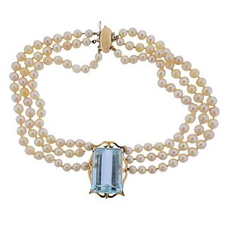 14k Gold Pearl 105ct Aquamarine Necklace 