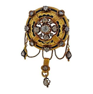 Antique Victorian Diamond Enamel Brooch Pin