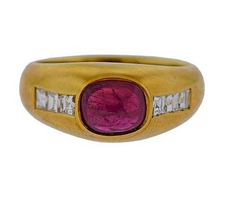 18K Gold Diamond Ruby Cabochon Ring