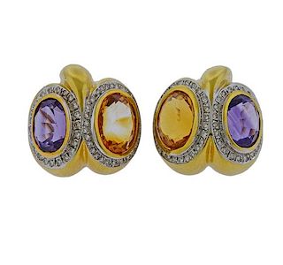 14k Gold Diamond Amethyst Citrine Earrings 