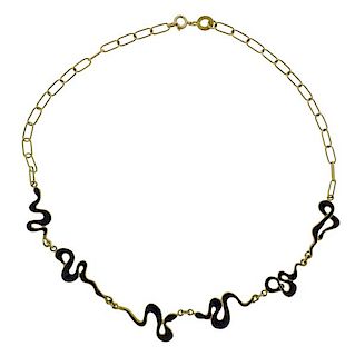 18k Gold Black Enamel Necklace 