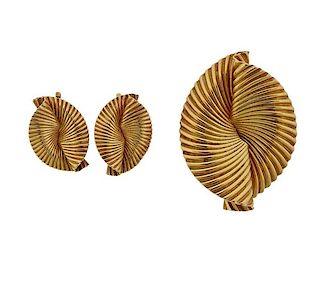 Retro Mid Century 14k Gold Earrings Brooch Set 