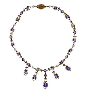 Antique 18k Gold Amethyst Pearl Necklace 