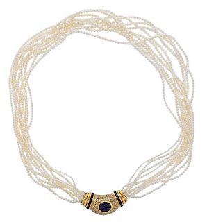 18k Gold Diamond Sapphire Pearl Necklace 