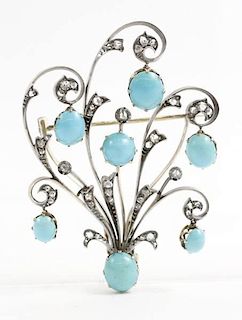 Faberge Turquoise & Diamond Floral Brooch