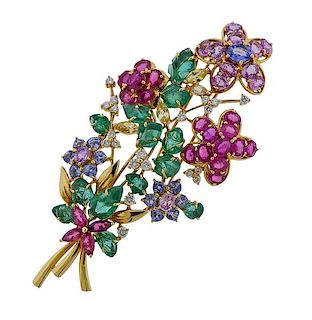 18k Gold Multi Color Gemstone Diamond Flower Brooch 