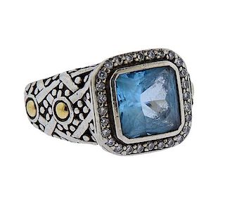 John Hardy Silver 18k Gold Blue Topaz Diamond Ring 
