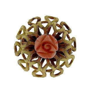 14k Gold Carved Coral Rose Ring 