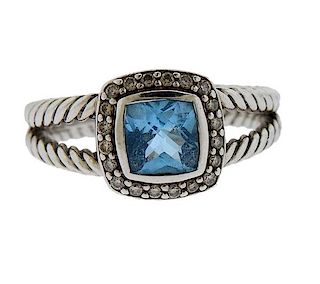 David Yurman Albion Silver Diamond Blue Topaz Ring 