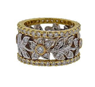 18k Gold Diamond Flower Wide Band Ring 