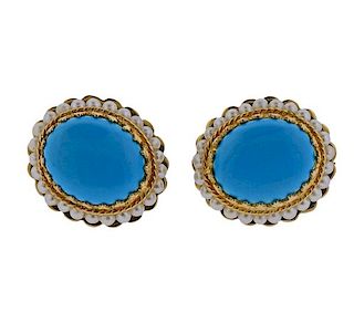 14k Gold Blue Stone Pearl Earrings