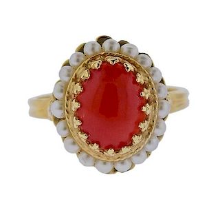 14k Gold Pearl Coral Ring 
