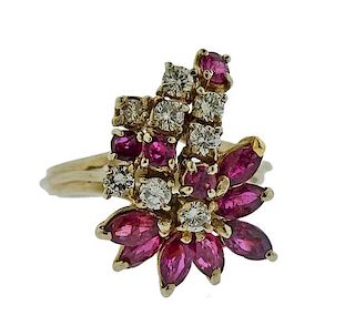 14k Gold Diamond Red Stone Cluster Ring 