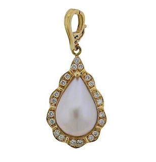 14K Gold Diamond Pearl Teardrop Pendant
